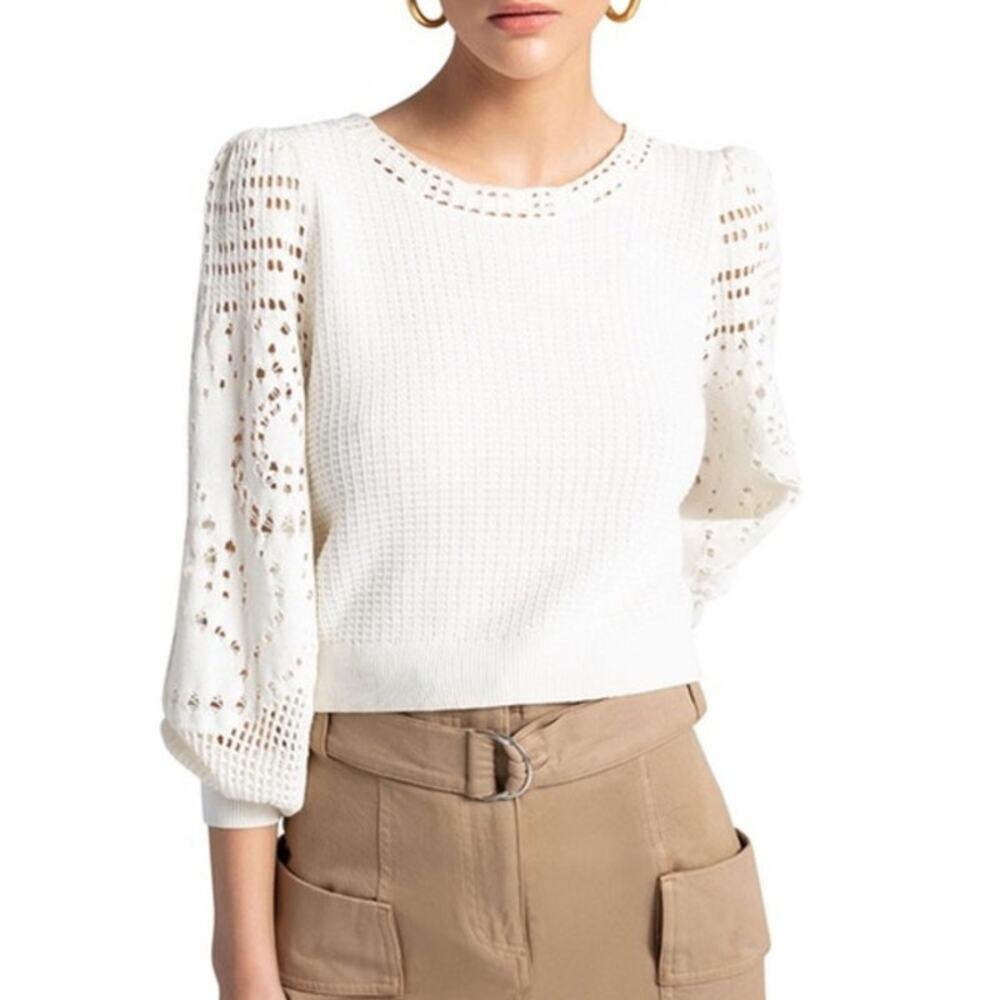 A.L.C. White Openwork Puff-Sleeve Crewneck Sweater